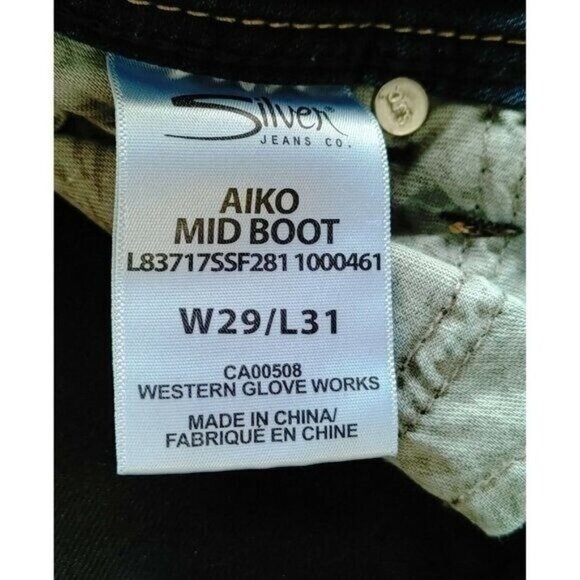 Silver Aiko Jeans Mid Rise Boot Cut Womens Size 29/31 Stretch Cotton Blend - Picture 3 of 4